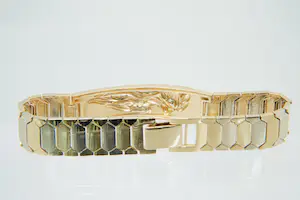 92-  Aparte 18Kt bi-color gouden-armband met fraaie diamanten leeuwenkop kopen? Bied vanaf 1930!