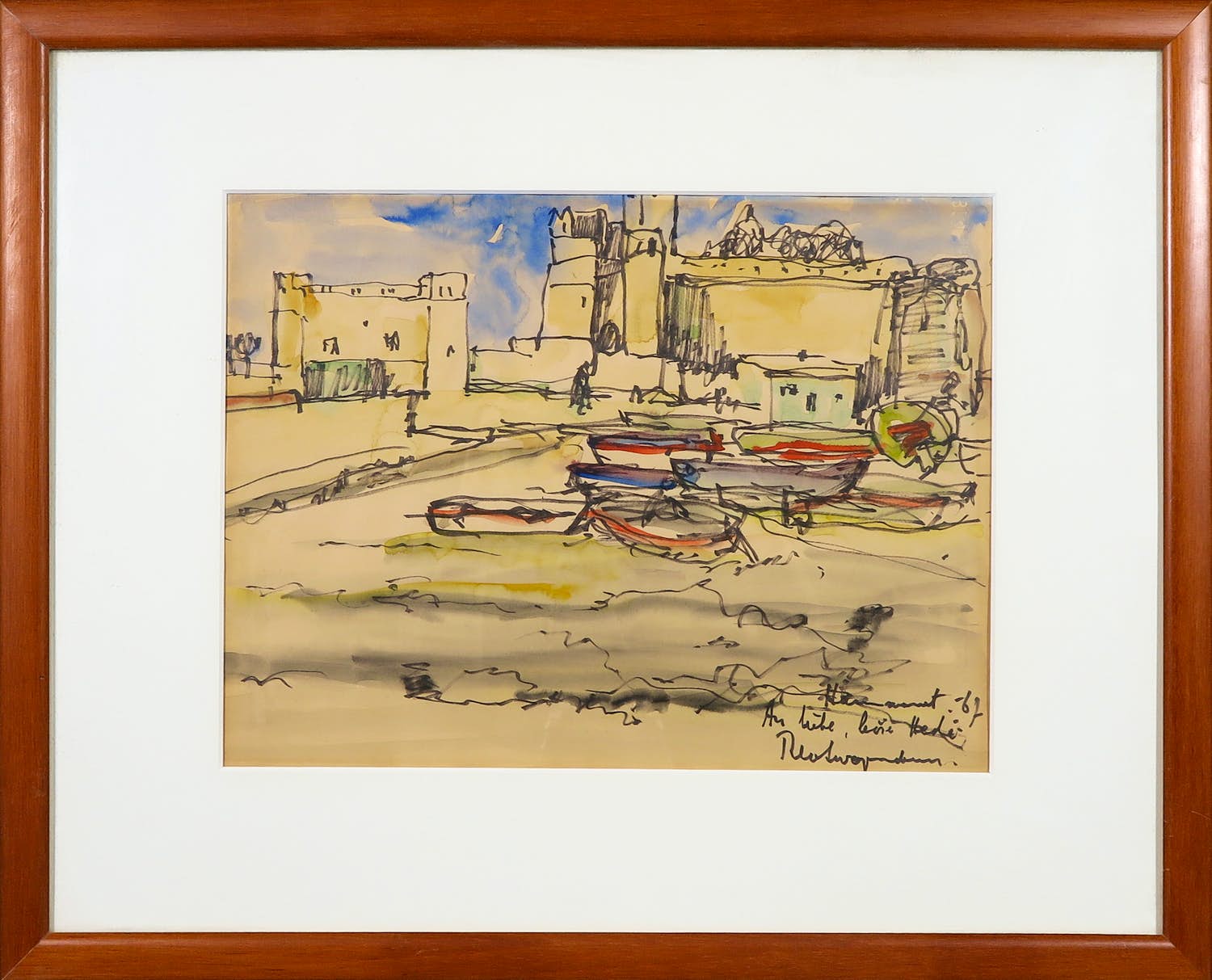 Theo Swagemakers - Aquarel/pentekening, Havengezicht - Ingelijst verkocht voor € 60!