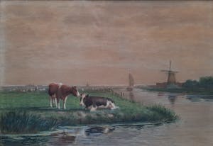 Jacob Oudes - Koeien in Noord Hollands Landschap met molen - aquarel - ingelijst - 21910 kopen? Bied vanaf 65!