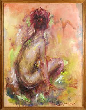 Paul Daenen - Gemengde techniek op papier, Zittend naakt - Ingelijst verkocht voor € 60!