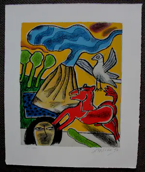 Corneille - Kleurenlitho: Femme avec cheval et oiseau près d'un volcan - 1996 kopen? Bied vanaf 225!