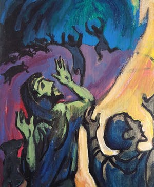 Klaas Pijlman - Olieverf op board, "figuren in het vuur die hogere macht aanbidden" kopen? Bied vanaf 1!