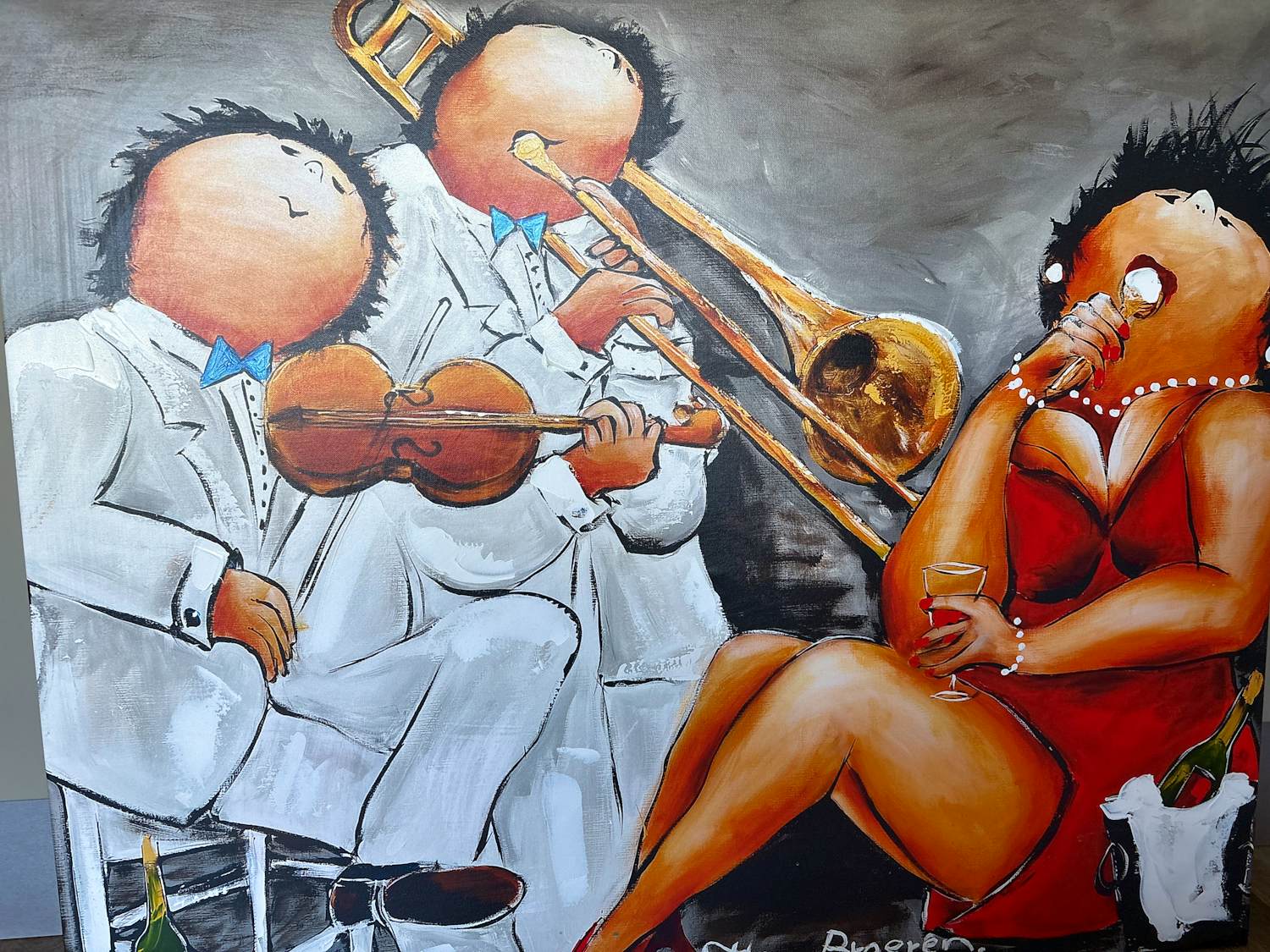 Theo Broeren - Glicée met acryl op doek “Muziek spelen” (ZEER GROOT) kopen? Bied vanaf 130!