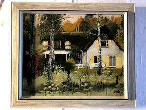 Niet of onleesbaar gesigneerd - Huis in het bos - Olieverf op doek, Ingelijst kopen? Bied vanaf 1!