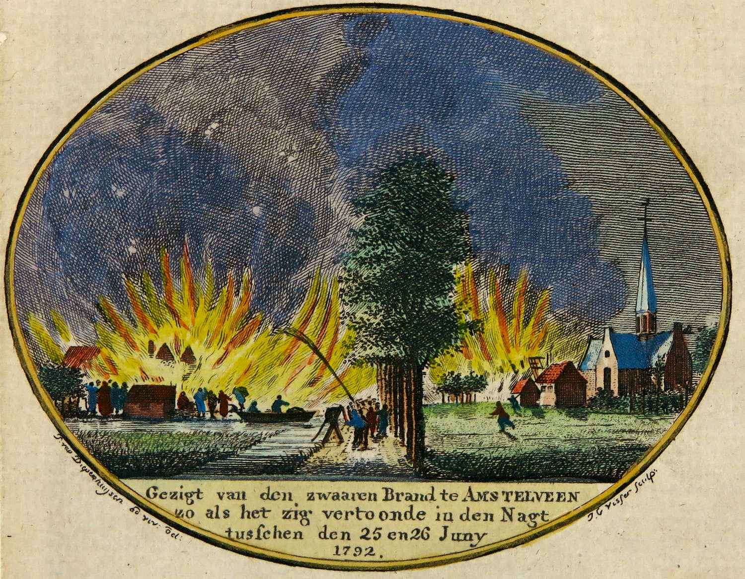 Jan van Diepenhuijsen - (naar) - Handgekleurde gravure, Gezigt van den zwaaren Brand (...) verkocht voor € 1!