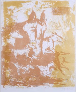 Rien Bakker - Ets en aquatint, Galopperende paarden in geel - Ingelijst kopen? Bied vanaf 1!