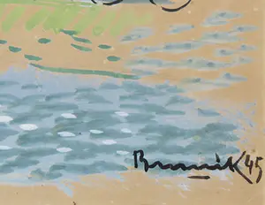 Herman Berserik - Gouache, Hoeve met melkbussen - Ingelijst kopen? Bied vanaf 1500!