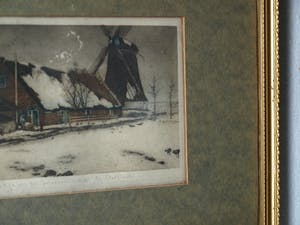 Tjeerd Bottema - Kleine ingelijste kleuren-ets , Molentje in de sneeuw – ca. 1927 kopen? Bied vanaf 35!