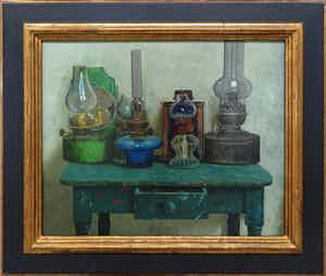 Herman Berserik - Olieverf op doek, Stilleven met olielampen - Ingelijst verkocht voor € 1600!