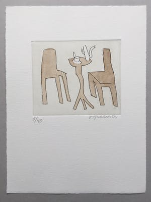 Klaas Gubbels - ets met aquarel ingekleurd - ‘Interieur met servies’ - 2004 kopen? Bied vanaf 245!