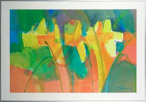 Eveline Swidde - Acryl op papier, Compositie met vijf narcissen - Ingelijst (Groot) verkocht voor € 40!
