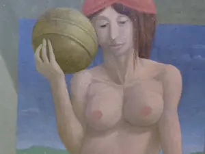 Peter Collien - staande naakte vrouw met rond object kopen? Bied vanaf 150!