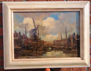 Kees van Waning - havengezicht met kerk en mole verkocht voor € 150!