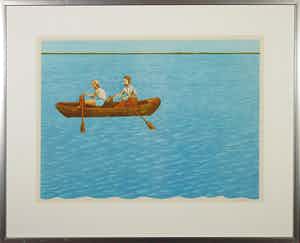 Aat Verhoog - Litho, Man en vrouw in een bootje - Ingelijst verkocht voor € 20!