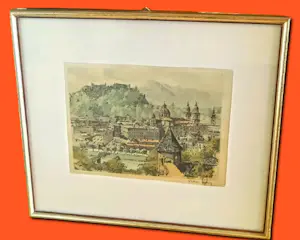 Buy Hans Figura - Farbradierung auf Seide "Salzburg" im Rahmen (27 x 30 cm) sehr guter Zustand? Bid from 70!