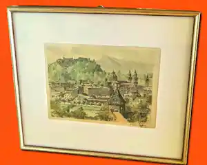 Hans Figura - Farbradierung auf Seide "Salzburg" im Rahmen (27 x 30 cm) sehr guter Zustand kaufen? Bieten Sie von 70!