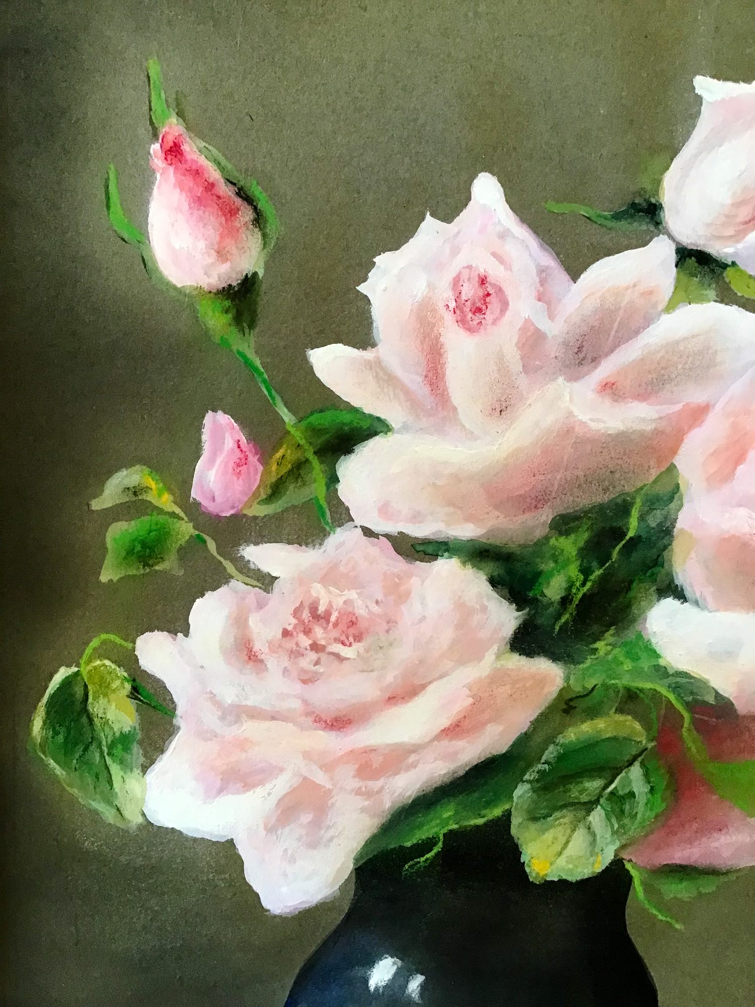 Niet of onleesbaar gesigneerd - Schilderij roze rozen in vaas, gemengde techniek, gesigneerd kopen? Bied vanaf 1!