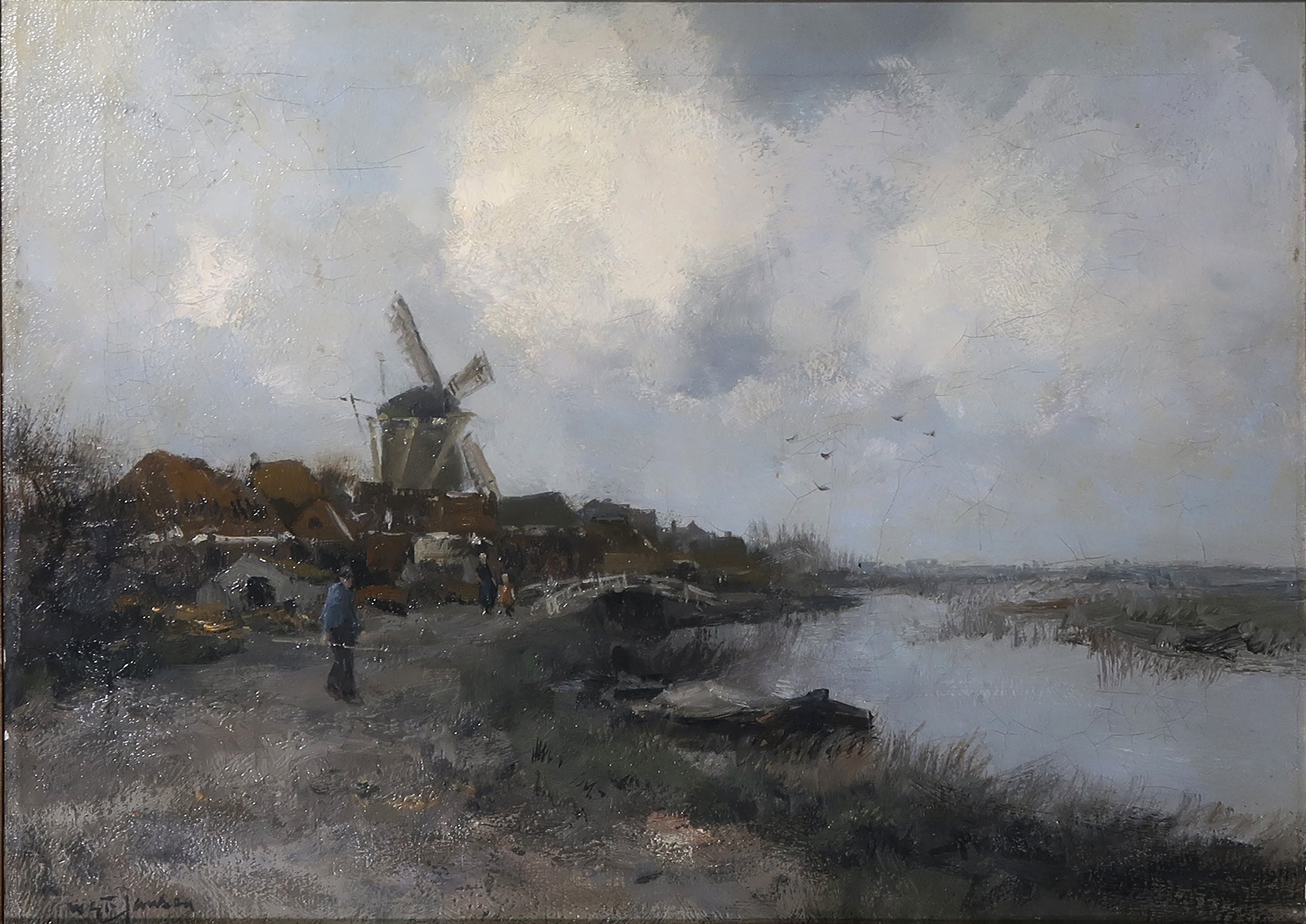 Willem G.F. Jansen - Olieverf op doek, Figuren op zandweg bij molen aan water - Ingelijst kopen? Bied vanaf 280!