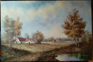 Henner Knauf - Landschap met twee boerderijen. kopen? Bied vanaf 50!