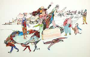 Henri Plaat - Gouache en inkt op papier, Rondtrekkend Gezelschap verkocht voor € 100!