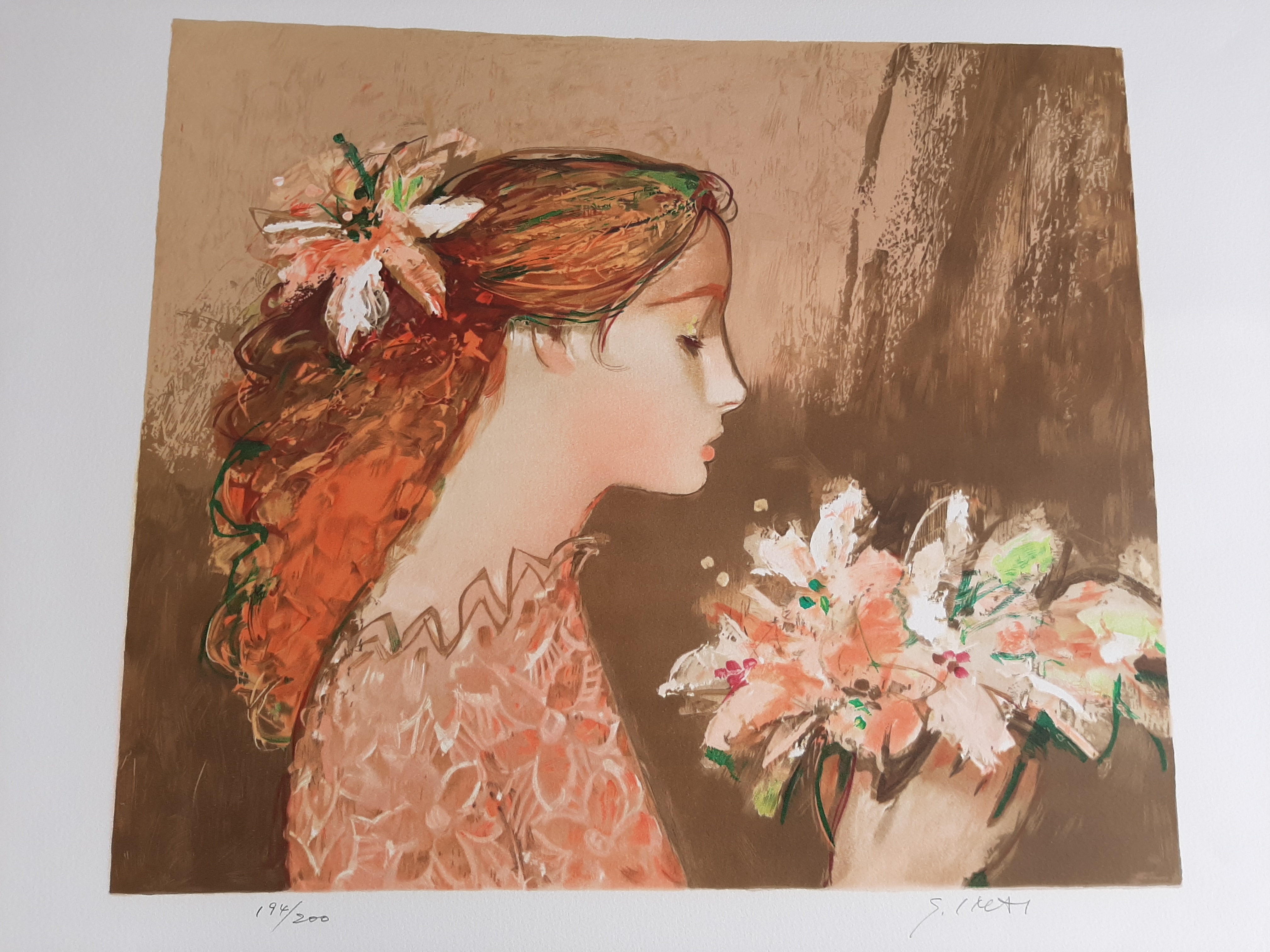 Sachiko Imai - Litho, vrouw met bloemen. kopen? Bied vanaf 40!