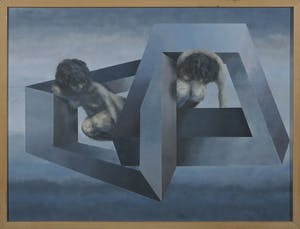 Piet van Mook - Gouache, Z.T. Figuren in geometrisch-illusionistische compositie - Ingelijst kopen? Bied vanaf 1!