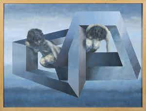 Piet van Mook - Gouache, Z.T. Figuren in geometrisch-illusionistische compositie - Ingelijst verkocht voor € 1!