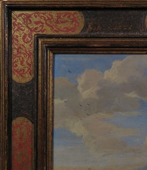 Matthijs Schoevaerdts - 17e eeuw: Olieverf op paneel, Landschap met figuren aan de oever van een rivier - Ingelijst kopen? Bied vanaf 4200!