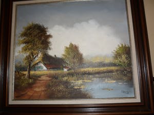 Niet of onleesbaar gesigneerd - Olieverf op doek, landschap met huis, water en natuur kopen? Bied vanaf 10!