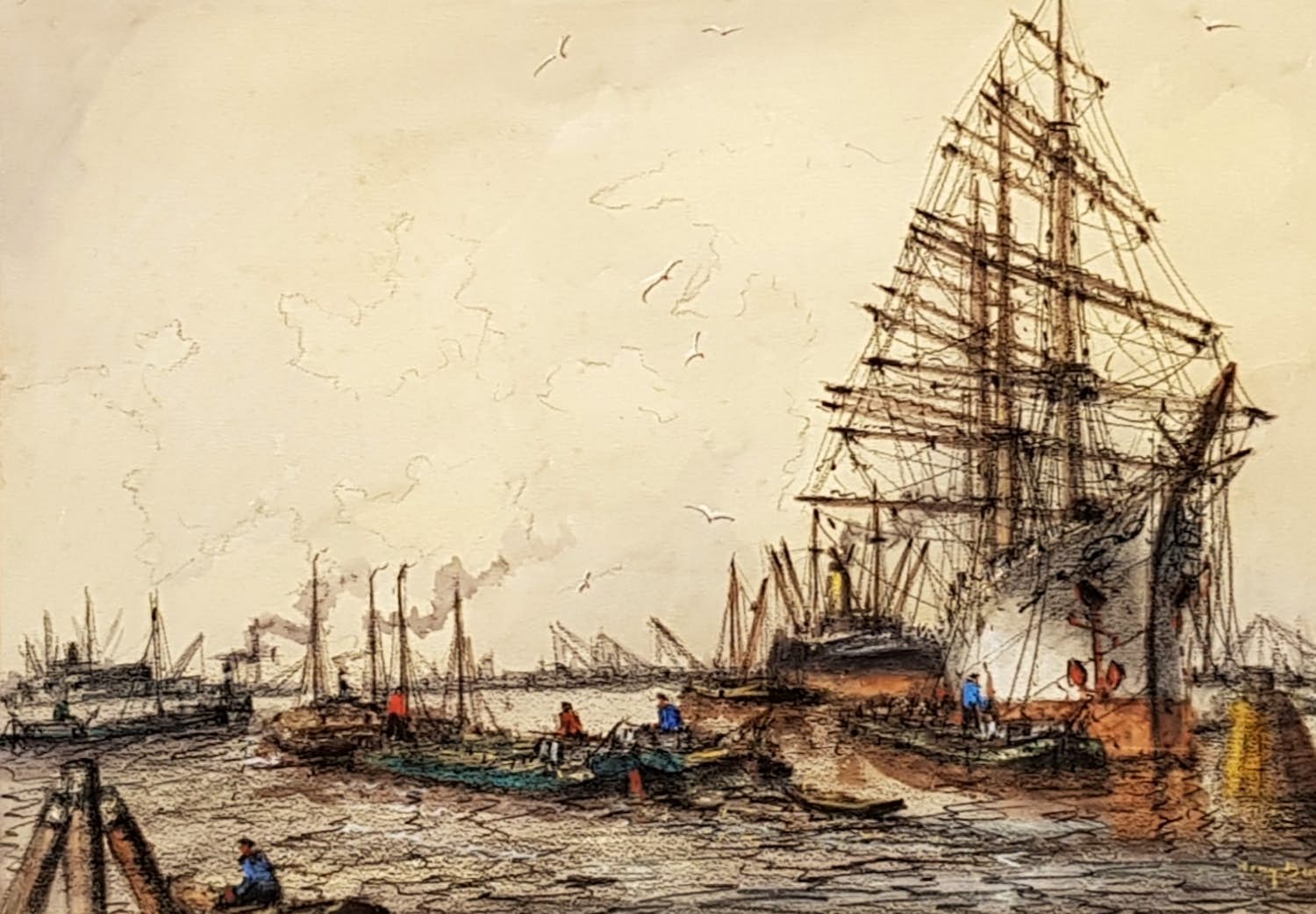 Willem Bos - Pasteltekening van de haven van Rotterdam. kopen? Bied vanaf 150!