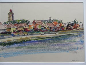 Jan Bom - Pasteltekening - Aankomst op Terschelling - kopen? Bied vanaf 50!