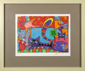 Michiel Molenaar - Zeefdruk, Z.T. Katten en vogels - Ingelijst verkocht voor € 40!