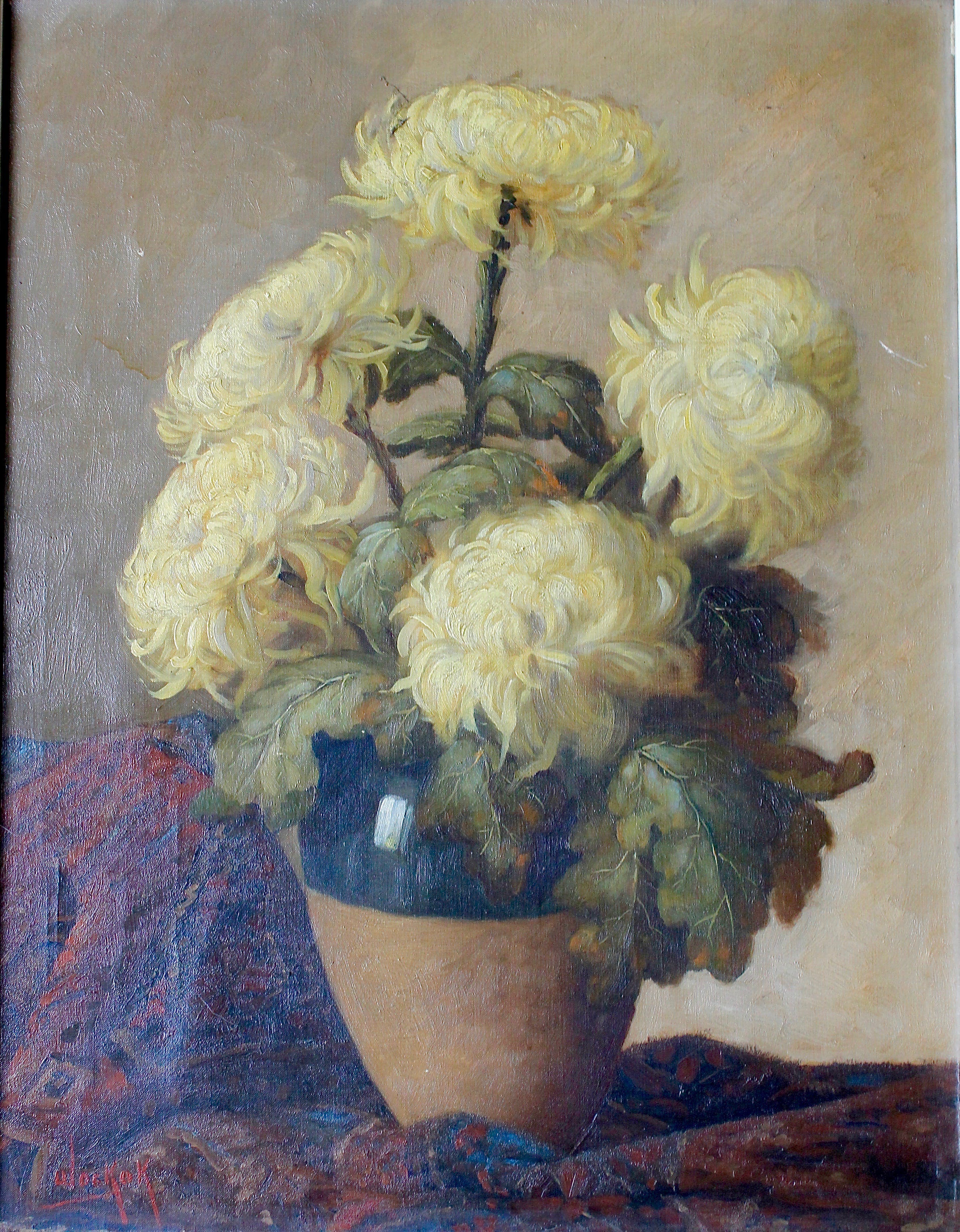 Willem de Kok - Stilleven van Chrysanten in fles op perzisch tapijt verkocht voor € 69!