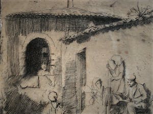 Niet of onleesbaar gesigneerd - Zeer oude Ets "Figuren op een binnenplaats" Rembrandt kwaliteit kopen? Bied vanaf 1!