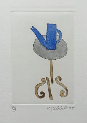 Klaas Gubbels - ets met aquarel ingekleurd - ‘Blauwe kan’ - 2004 kopen? Bied vanaf 245!