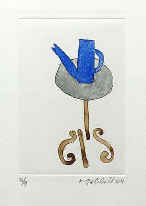 Klaas Gubbels - ets met aquarel ingekleurd - ‘Blauwe kan’ - 2004 verkocht voor € 245!