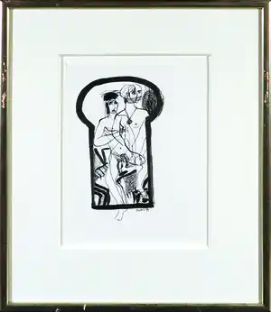 Rachid Ben Ali - Inkttekening, Zonder titel - Ingelijst verkocht voor € 1!