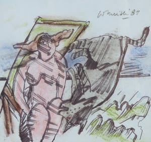 Corneille - Oostindische inkt en pastel, Naakt aan zee - Ingelijst kopen? Bied vanaf 900!