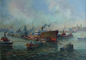 Niet of onleesbaar gesigneerd - Olieverf op doek , Havengezicht, Rotterdam? – ingelijst & gesigneerd kopen? Bied vanaf 1!