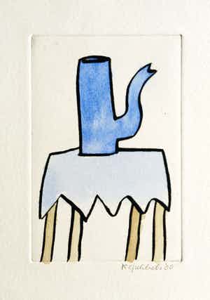 Klaas Gubbels - ets met aquarel ingekleurd - ‘Blauwe kan op tafel’ verkocht voor € 245!