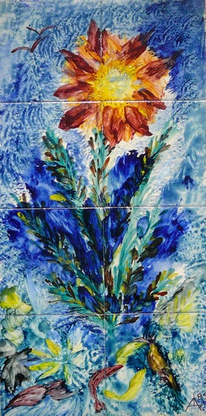 Niet of onleesbaar gesigneerd - Tegeltableau 'Wilde bloem met vogels en vissen' -1985- kopen? Bied vanaf 10!