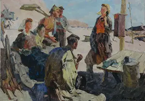 Anatoli Yanin Aleksandrovitch - Olieverf op doek, Figuren in gesprek - Ingelijst kopen? Bied vanaf 20!