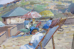 Willem Heytman - Olieverf op doek, Terras met uitzicht over het strand - Ingelijst kopen? Bied vanaf 400!