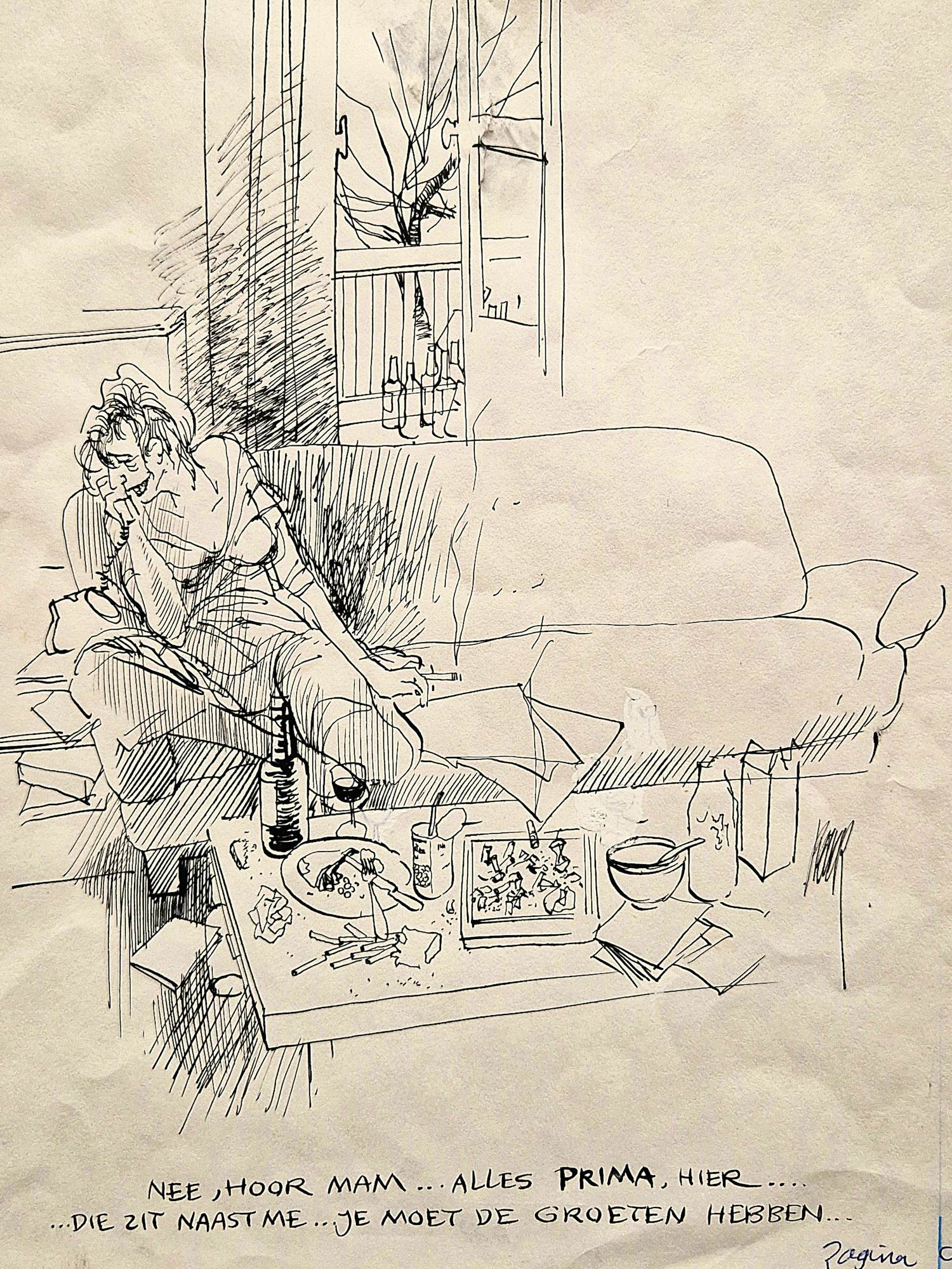 Peter van Straaten - jaren 70 inkt tekening "Nee hoor Mam... alles prima hier" gesigneerd verkocht voor € 67!