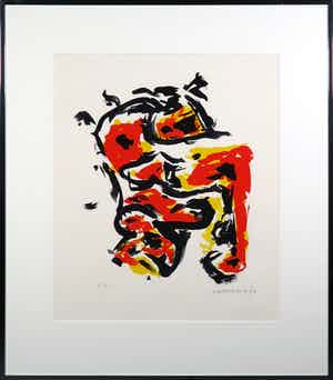 Theo Wolvecamp - Zeefdruk, Compositie met zwart, geel en rood - Ingelijst verkocht voor € 200!