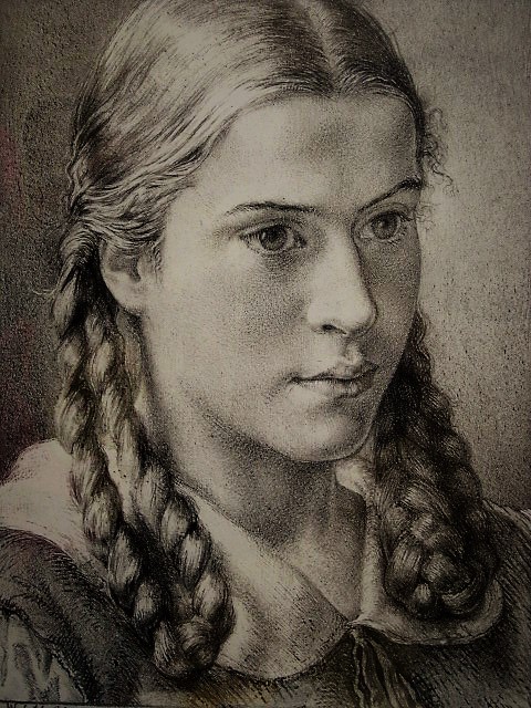 Willem Gerard Hofker - Fraaie vroege 1934 Ets "portret meisje met vlechten" gesigneerd  verkocht voor € 1!