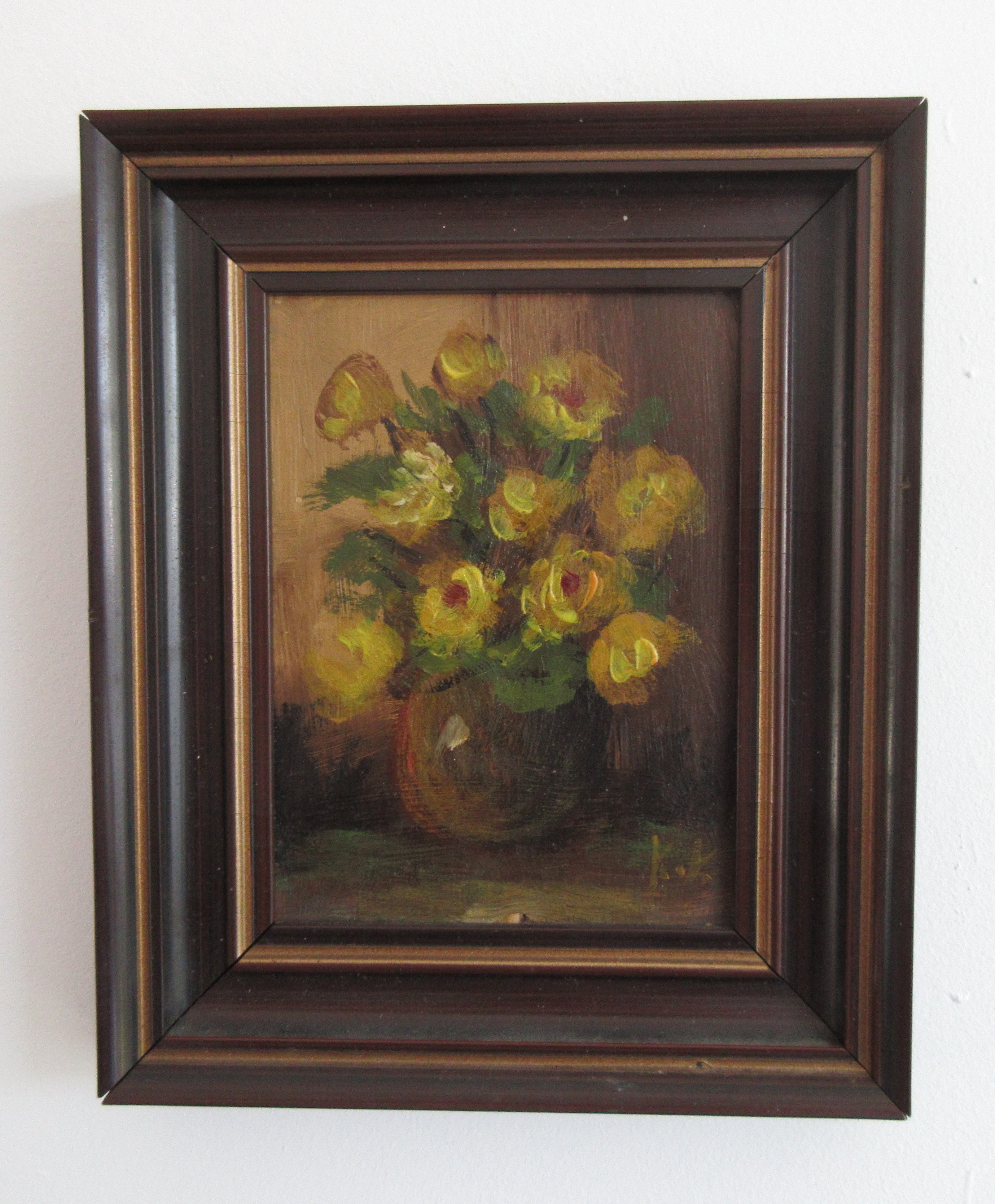 Niet of onleesbaar gesigneerd - Miniatuur stilleven "Vaas met gele bloemen" olieverf op paneel - gesigneerd kopen? Bied vanaf 1!