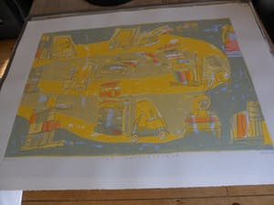 Heleen de Jong - Zeefdruk. Titel, "Race van de heftrucks". kopen? Bied vanaf 20!
