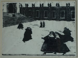 Niet of onleesbaar gesigneerd - Ingelijste houtsnede, Nonnen wandelend in de storm – 1966 kopen? Bied vanaf 1!