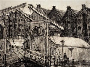 Niet of onleesbaar gesigneerd - Houtskool - 1920 - Amsterdam "het Prinseneiland en Drieharingenbrug kopen? Bied vanaf 1!
